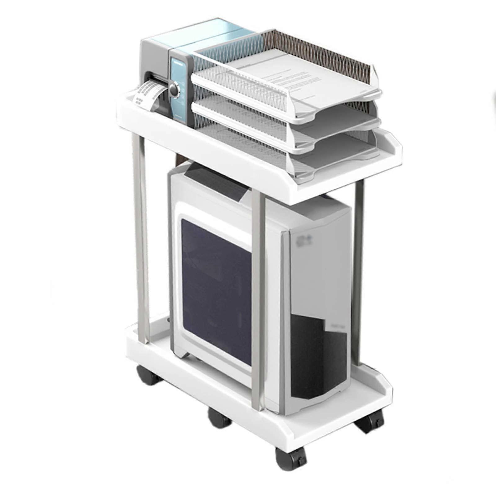 Rolling Printer Stand Double Layer White Shelf with Wheels SpaceSaving Lockable Office Organizer