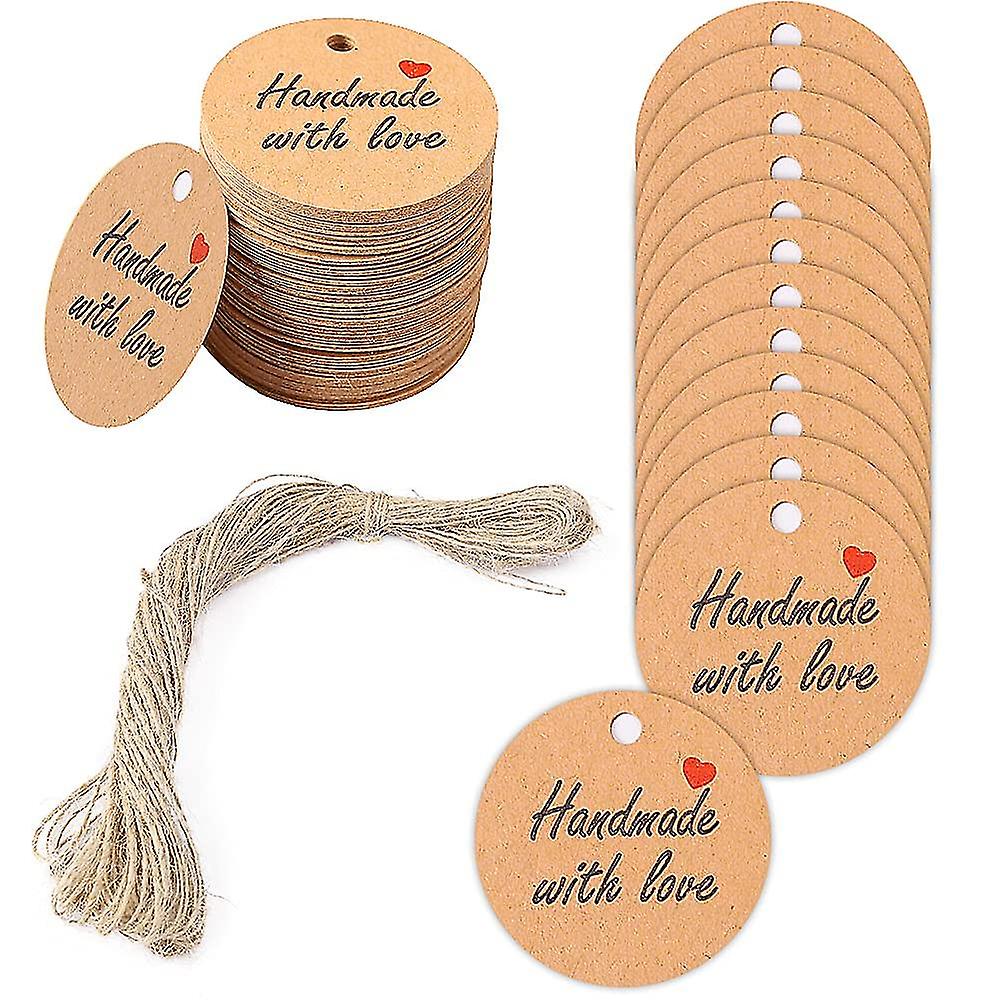 100pcs Gift Tags, Handmade With Love Tags Kraft Paper Round Gift Tags Craft Card Tags With String