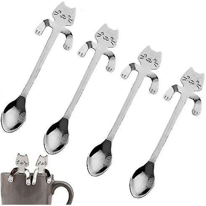 4 stk rustfrit stål kaffe spoon Mini Cat Kitty, te suppe spoon