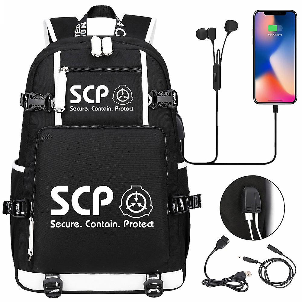 SCP Foundation Black Cartoon Backpack Bookbag USB حقيبة كمبيوتر محمول كتف للأطفال المراهقين - حقيبة سفر وحقائب مدرسية