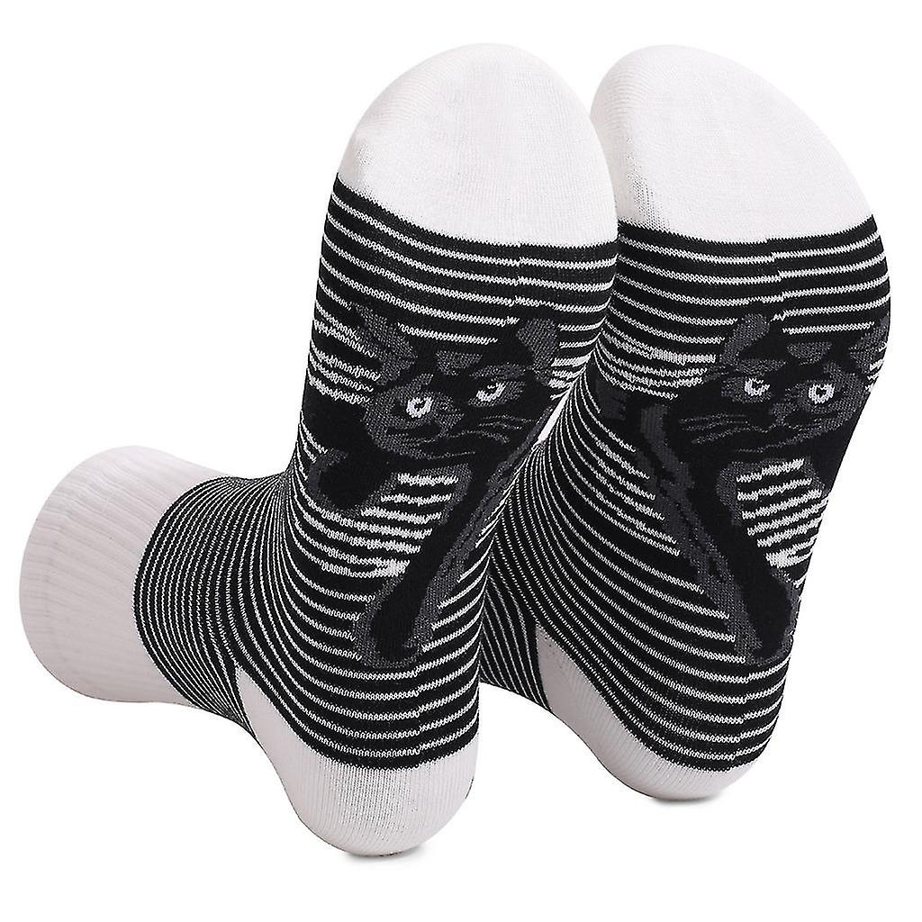 Women Men Novelty Black White Striped Crew Socks Funny Cute Cartoon For Cat Printed Bottom Casual Mi