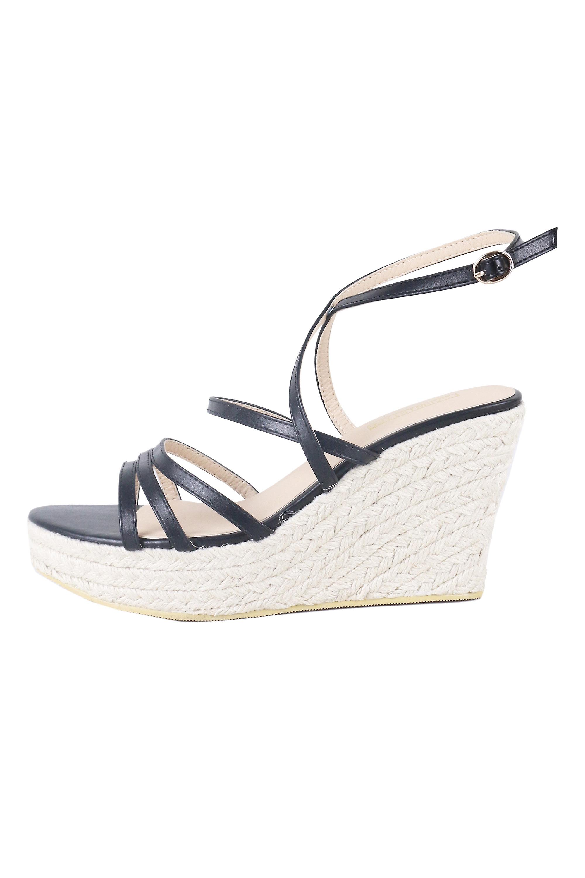 LMS Black Strappy Wedged Sandals With Rope Detail Soles