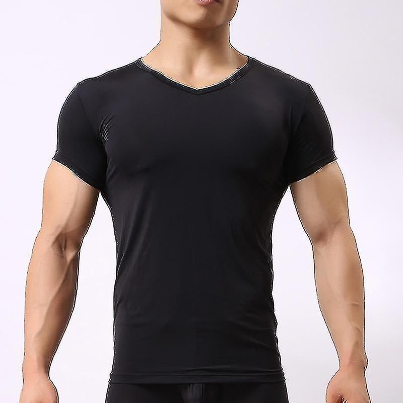 Men's Skinny Undershirt, Ice Silk Sheer Short Sleeves Basic Shirts