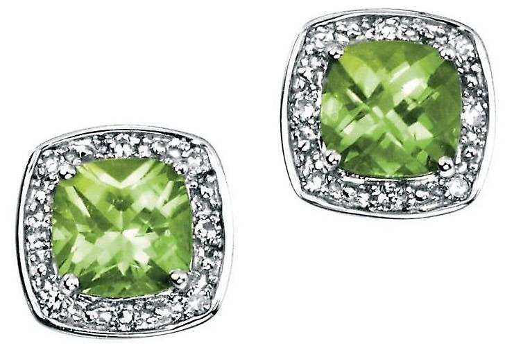Elements Gold Cushion Cut Diamond Surrounded Peridot Earrings - Silver/Green
