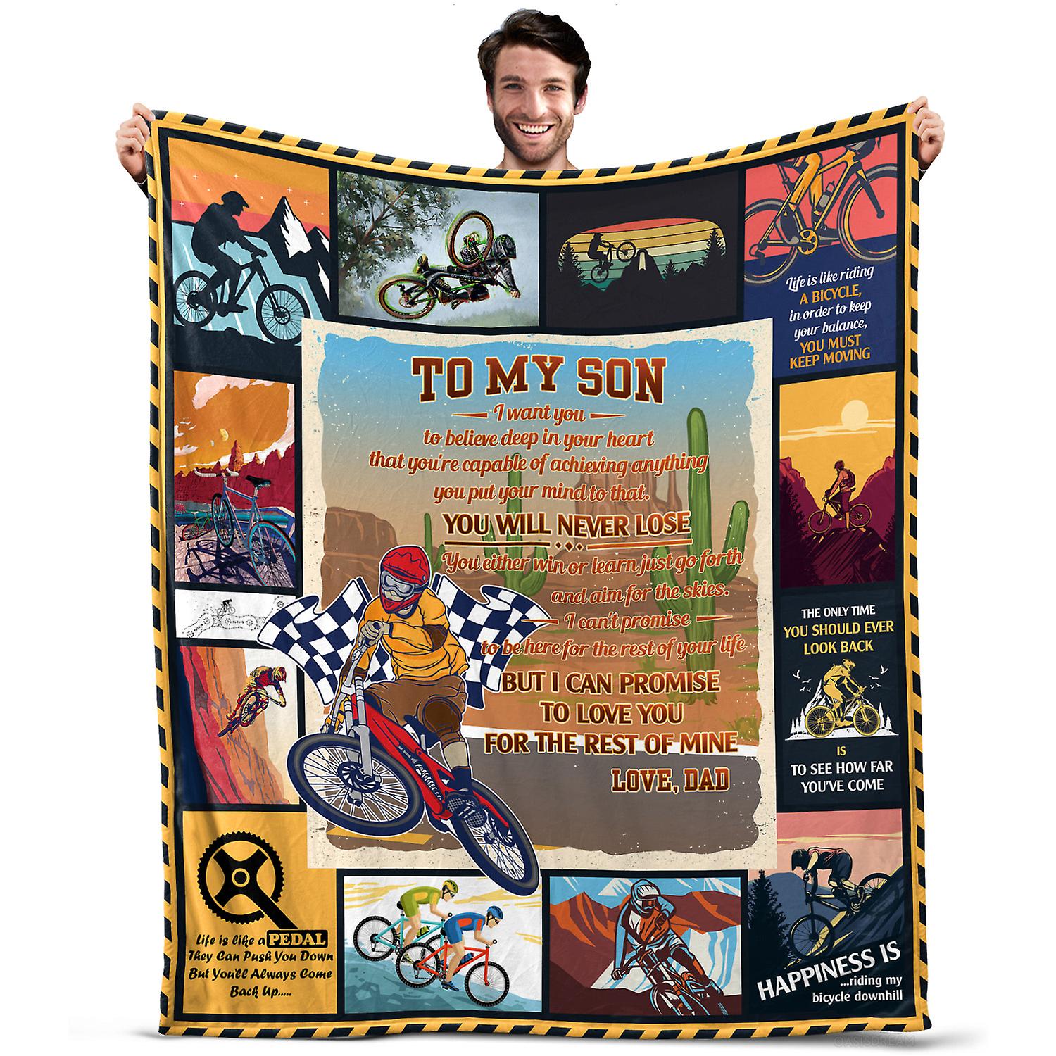 Oasisdream Throw Blanket To My Son for Sofa, Office, Outdoor Use, Birthday Gift for Cycling Enthusiast from Dad