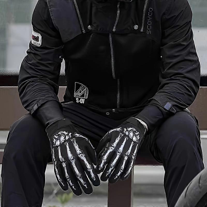 Skeleton Print Touchscreen Full-Finger Gloves - Polyester Non-Slip Motorcycle Gloves for Men and Women - Decorative Tie-Dye Cycling, BMX, Mountain Bik