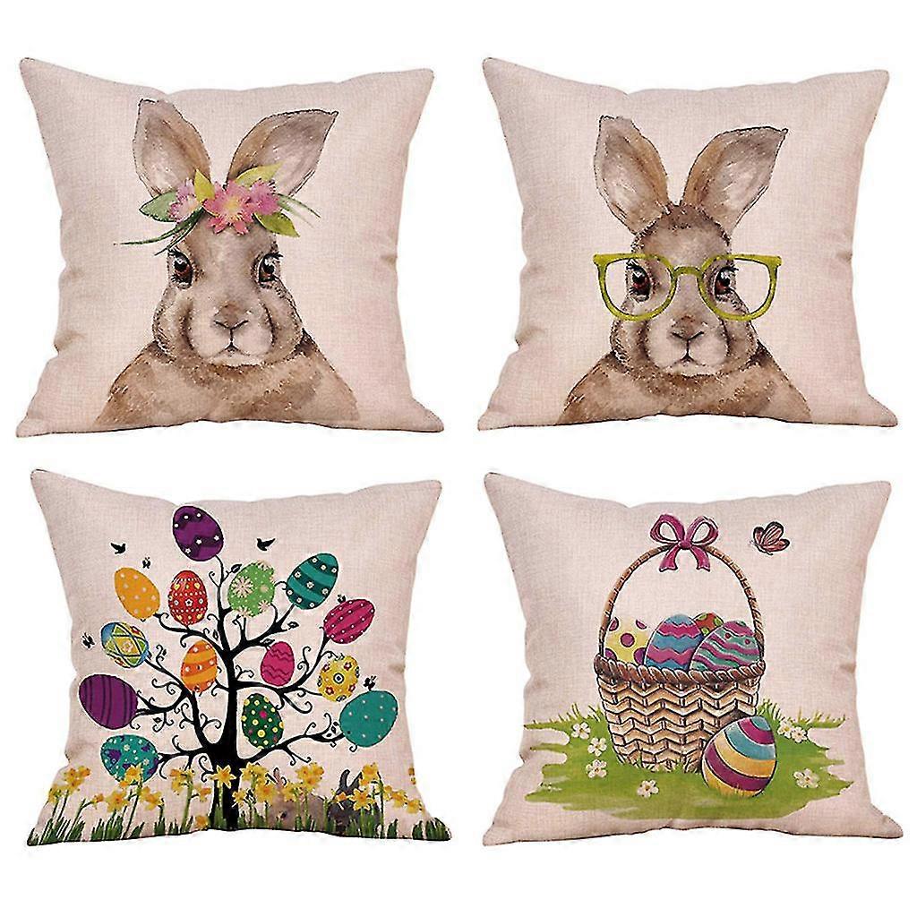 4pcs Easter Rabbit Eggs Throw Pillow Covers New Spring Flowers Tree Home Decor