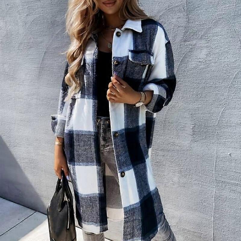 Women's Casual Lapel Button Down Long Coat with Chest Pocket Plaid Print Open Front Cardigans Outwear