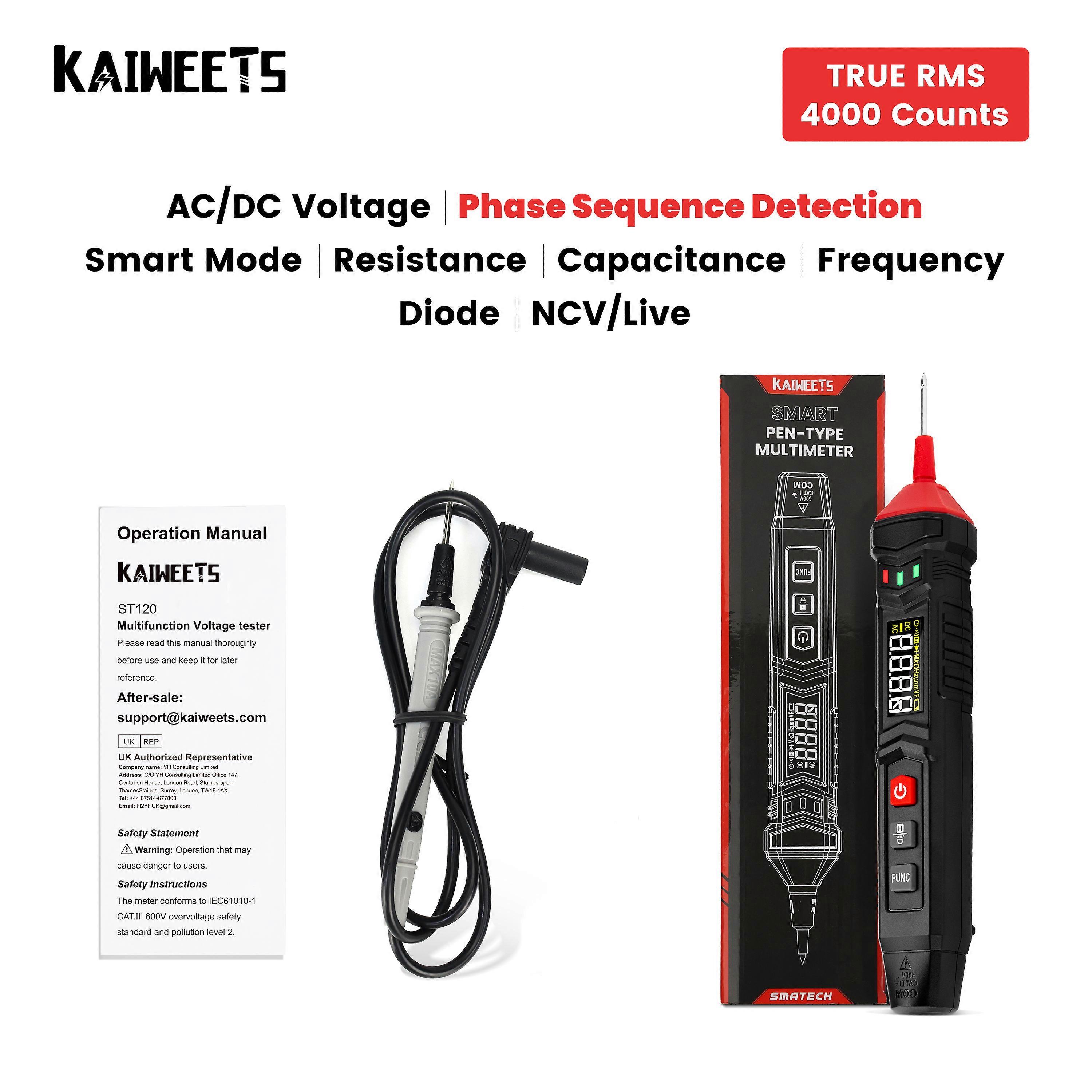 TRUE-RMS Smart Pen Multimeter Digital DC AC Voltmeter, Resistance Capacitance Diode Continue Hz Detector Live Wire Tester