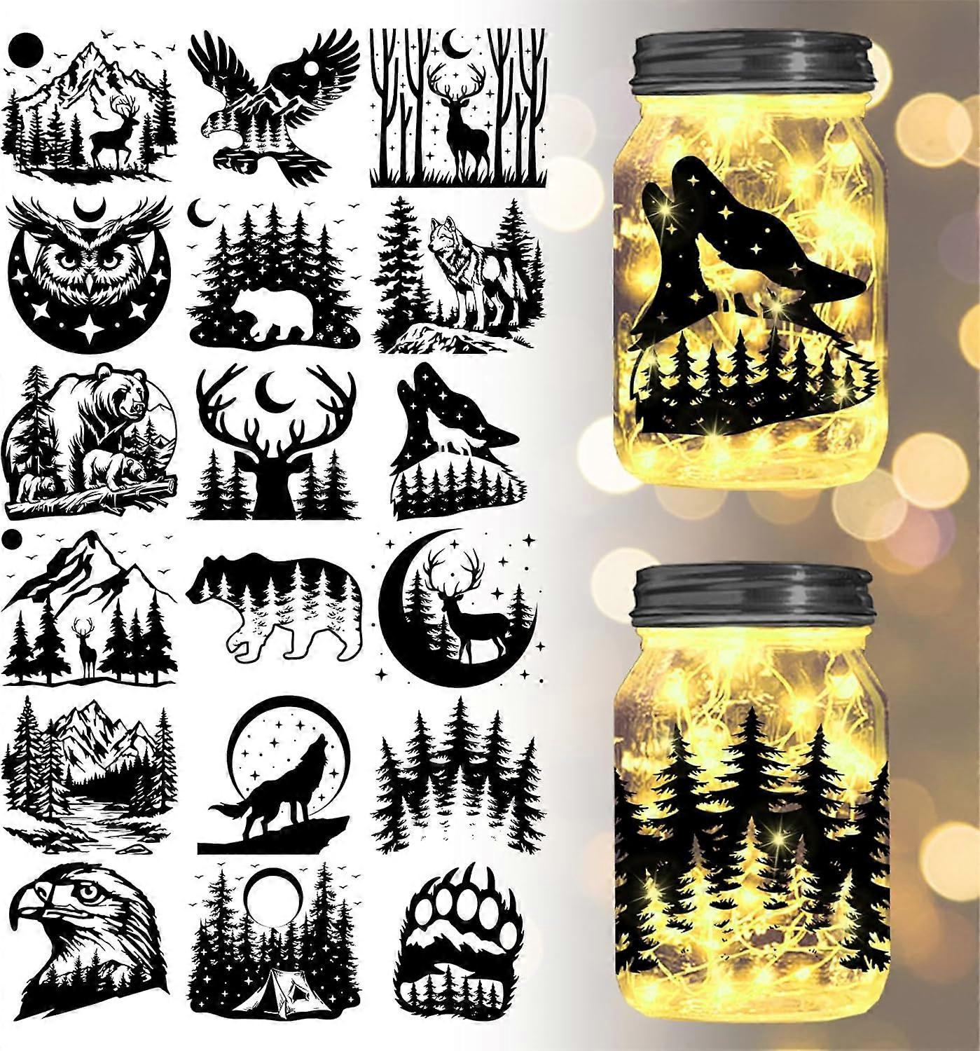18Pcs Forest Transfer Stickers Animal Decals Stickers Wolf Deer Bear Eagle Rub on Transfer for Mason Jars Furniture Vase Glass Decorations Art Crafts