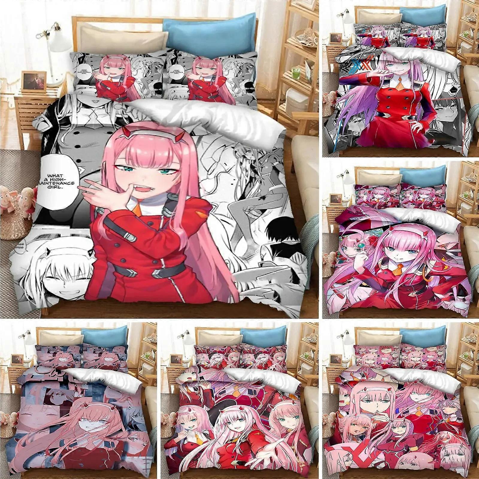 a1756 Lençóis ed DARLING in the FRANXX Capa de edredão Zero Two Conjunto de roupa de cama Dupla Adulto Roupa de cama Capa de colchaConjunto de cama de 3 peças (1 capa de edredão +