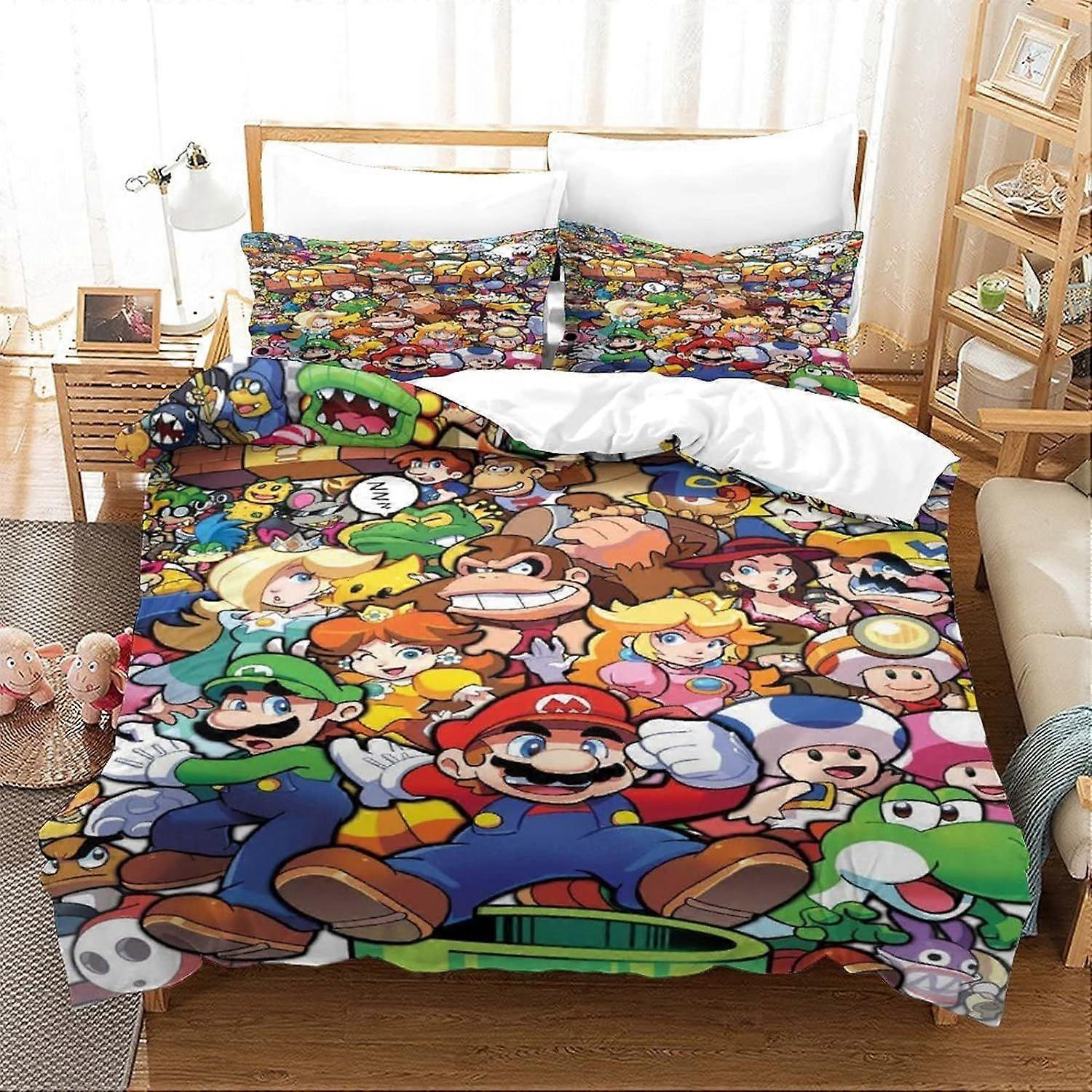Super Mario Printed Bedding Set Pattern Duvet Cover with Pillowcases Microfiber D Game Characters Printed Microfiber Bedding, for Adults Teens