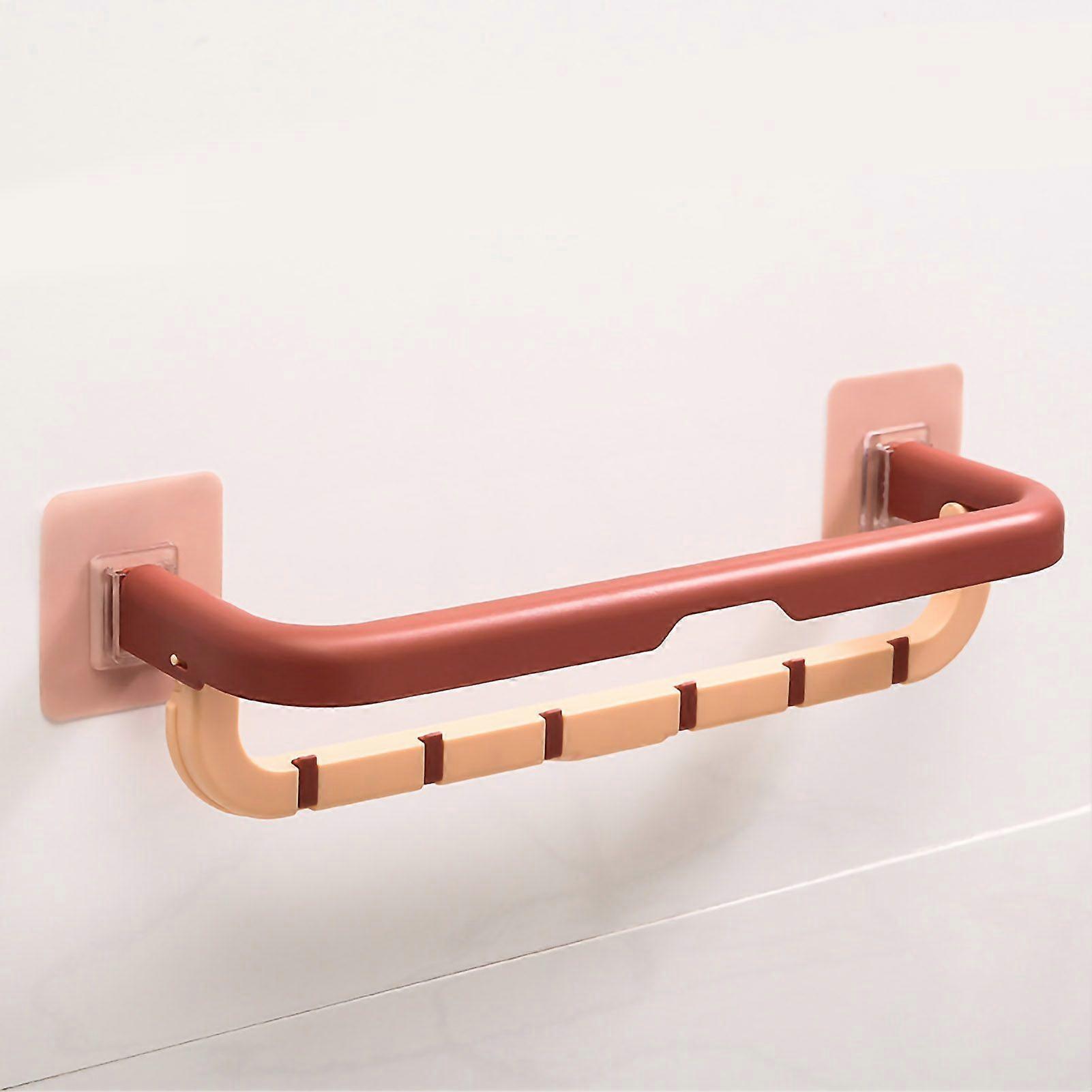 Towel Rack Double Layer Bar Folding Holder Shelf Hole Free Installation for BathroomFlesh Pink