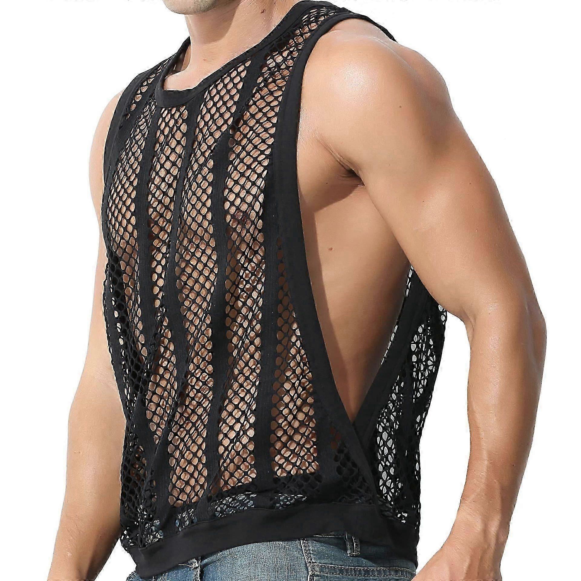 Men's Fishnet Tank Top See Through Sleeveless Tee Tops