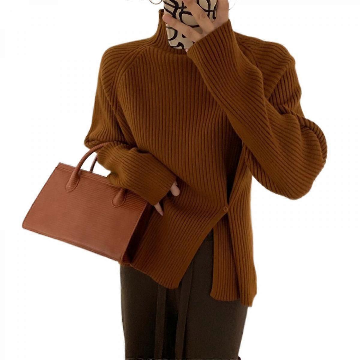 Women's Casual  Knit Turtleneck Sweater Long Sleeve Solid Irregular Hem Side Split Loose Pullover Knit Tops