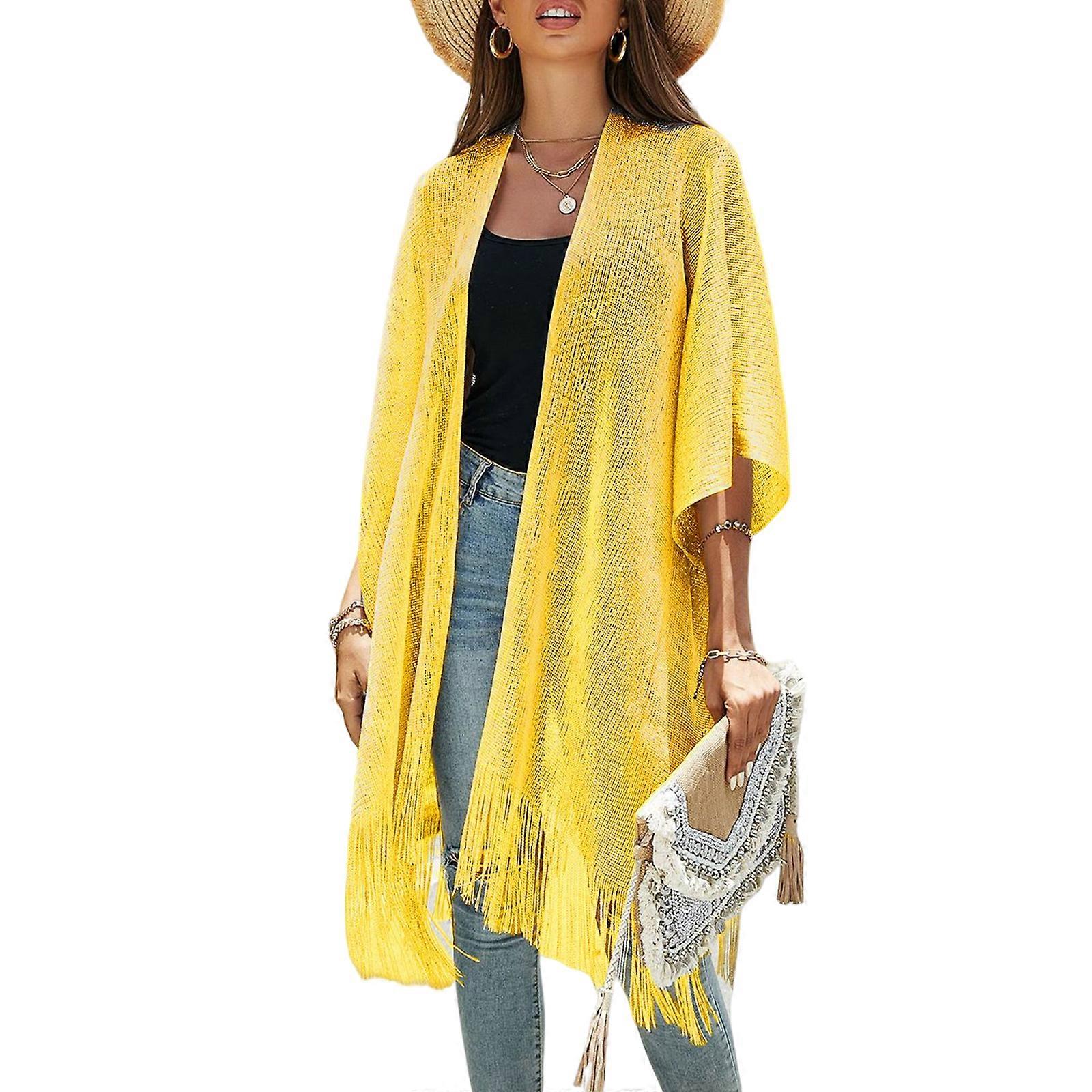 Womens-Swimwear Cover-ups Sexy Tassel Open Front Beach-Bikini Swimsuit Kimono Cardigan Cover Up Long Flowy-Beachwear  Yellow One size fits all