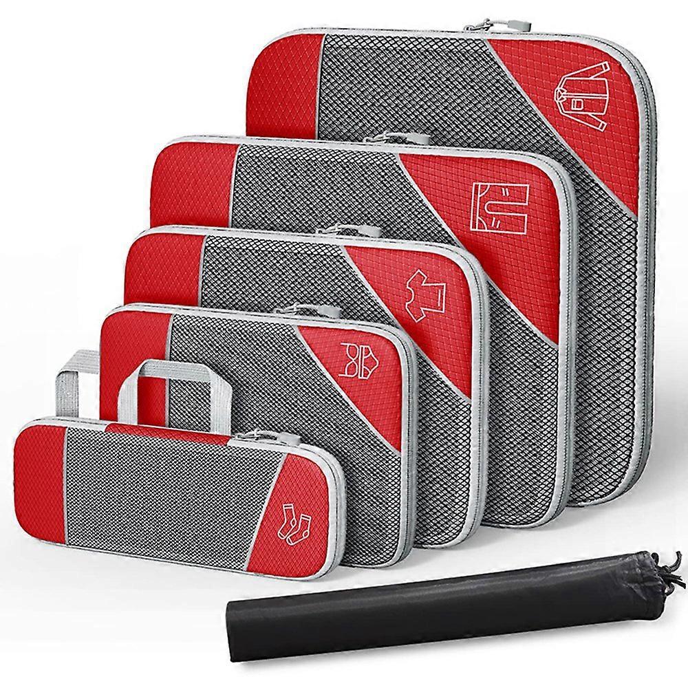 mr-6PCS Mesh Nylon Imballaggio Da Viaggio Cubi Sacchetti Di Stoccaggio A Compressione Buste-Rosso