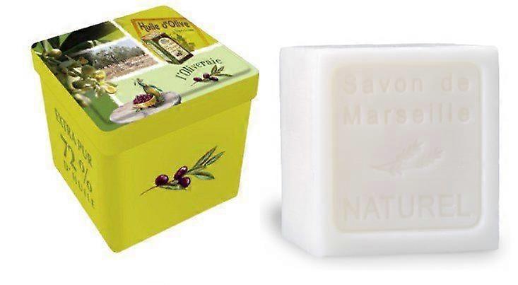 Metal soap tin square with print l'Oliveraie with soap block Natural – Vintage stock tin – French