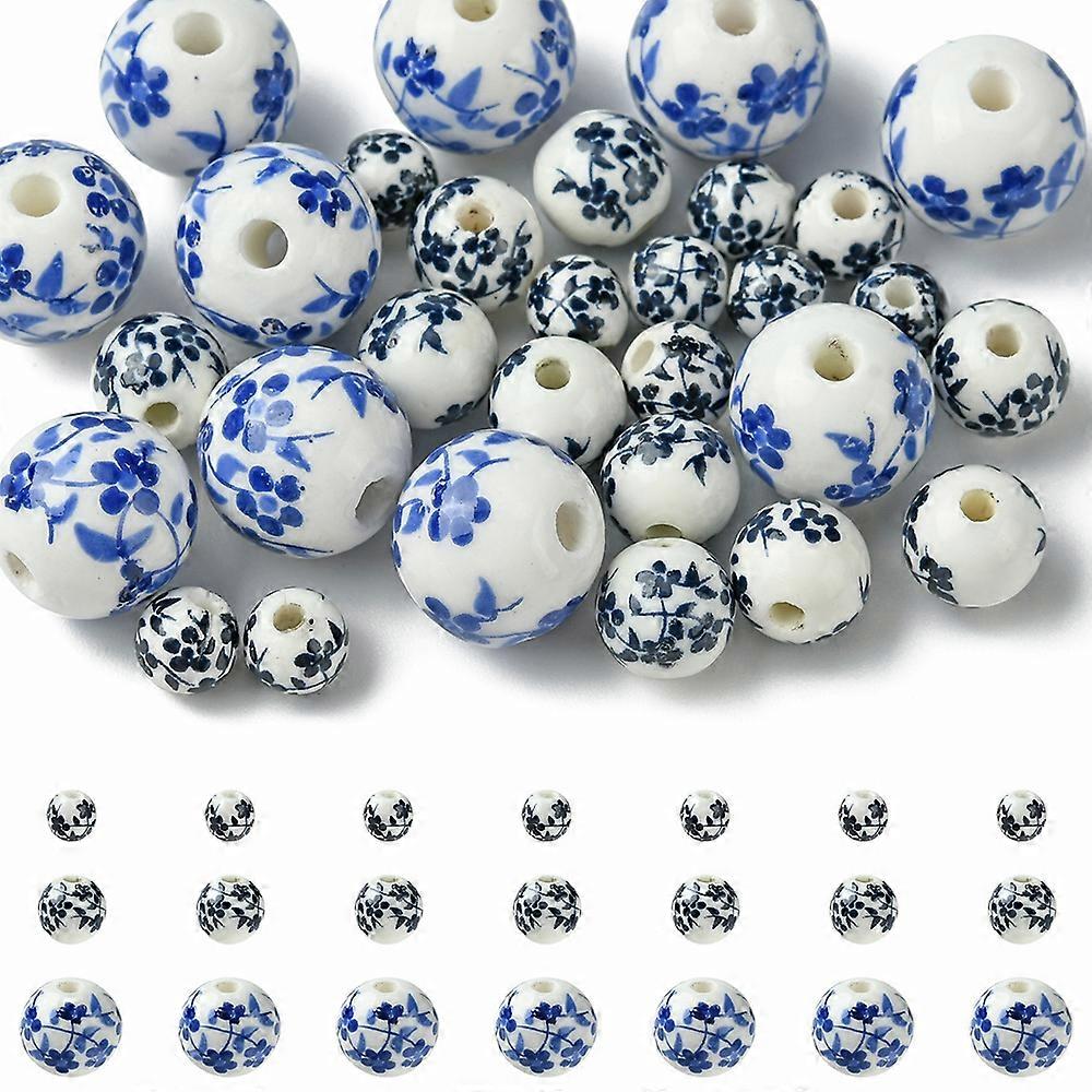 30Pcs 3 Styles Handmade Printed Porcelain Beads Round with Flower Pattern Craft Beads