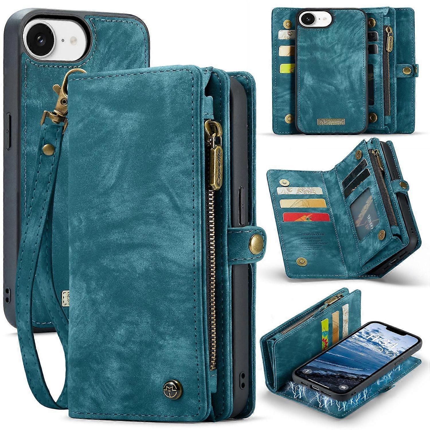 For Apple iPhone 16e Faux Leather Multifunction Zipper Pouch Case Blue