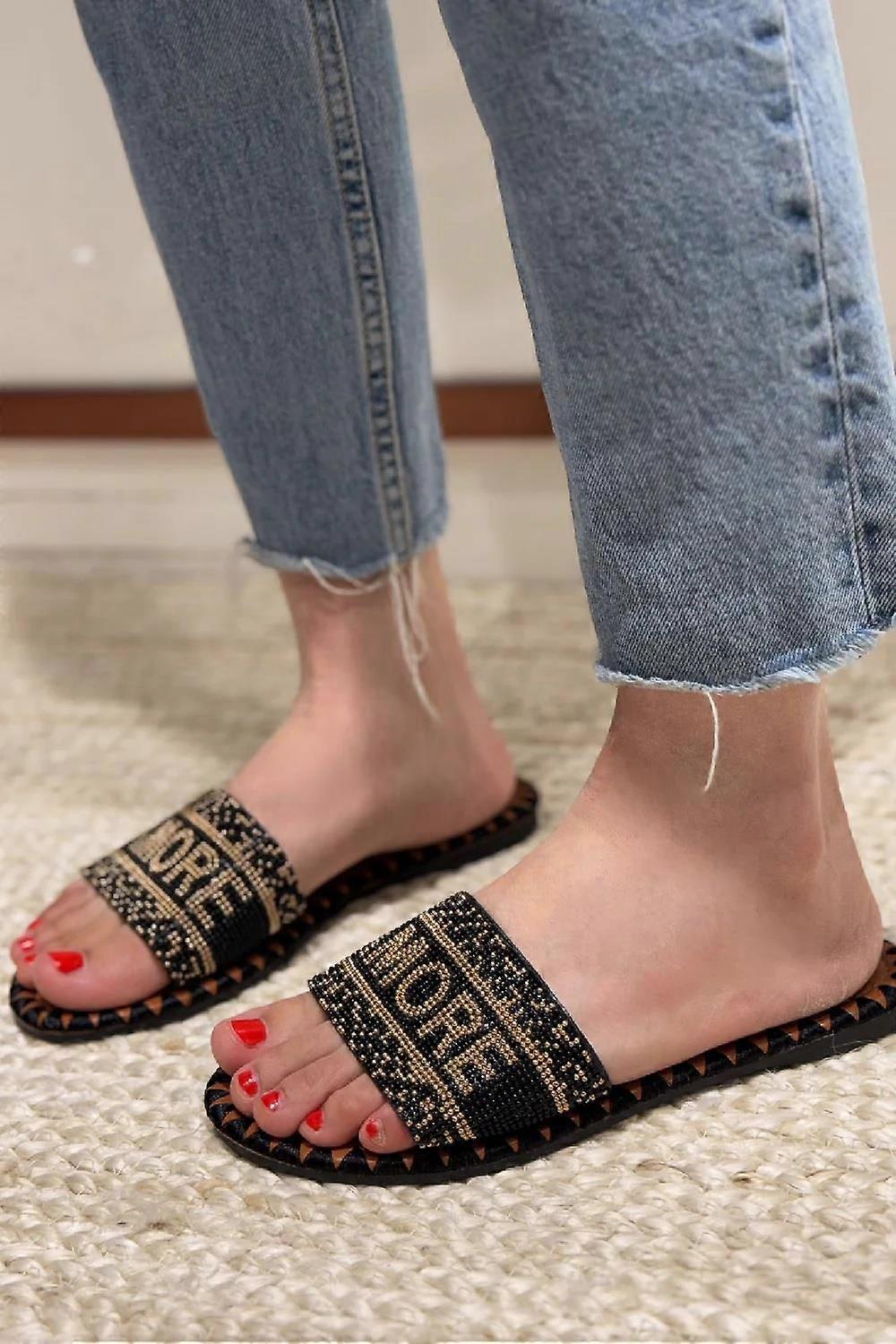 House Of Sehrish 1126 Black Beaded Flat Slogan Slider Slides Sandals