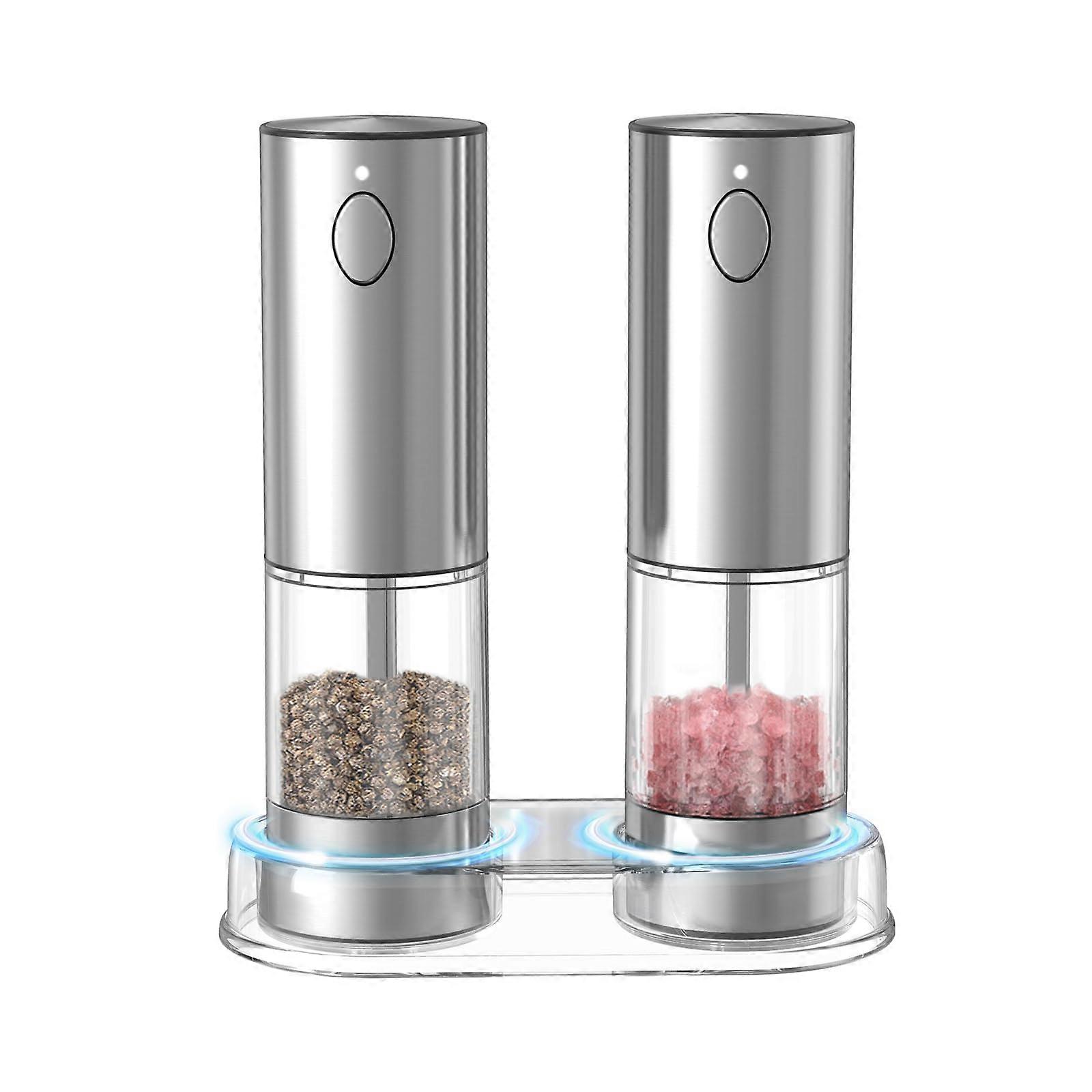 Electric Salt and Pepper Grinder Set Rechargeable Stainless Steel with LED Lights and 6 Adjustable Coarseness, 2 Pack Silver