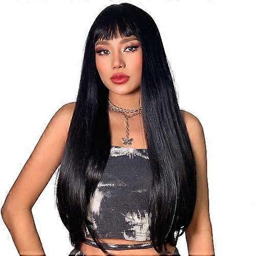 Black Synthetic Wig Daily Wear Long Straight Wigs for Women with Bangs Hair Replacement Wigs Heat Resistant 24 Inch