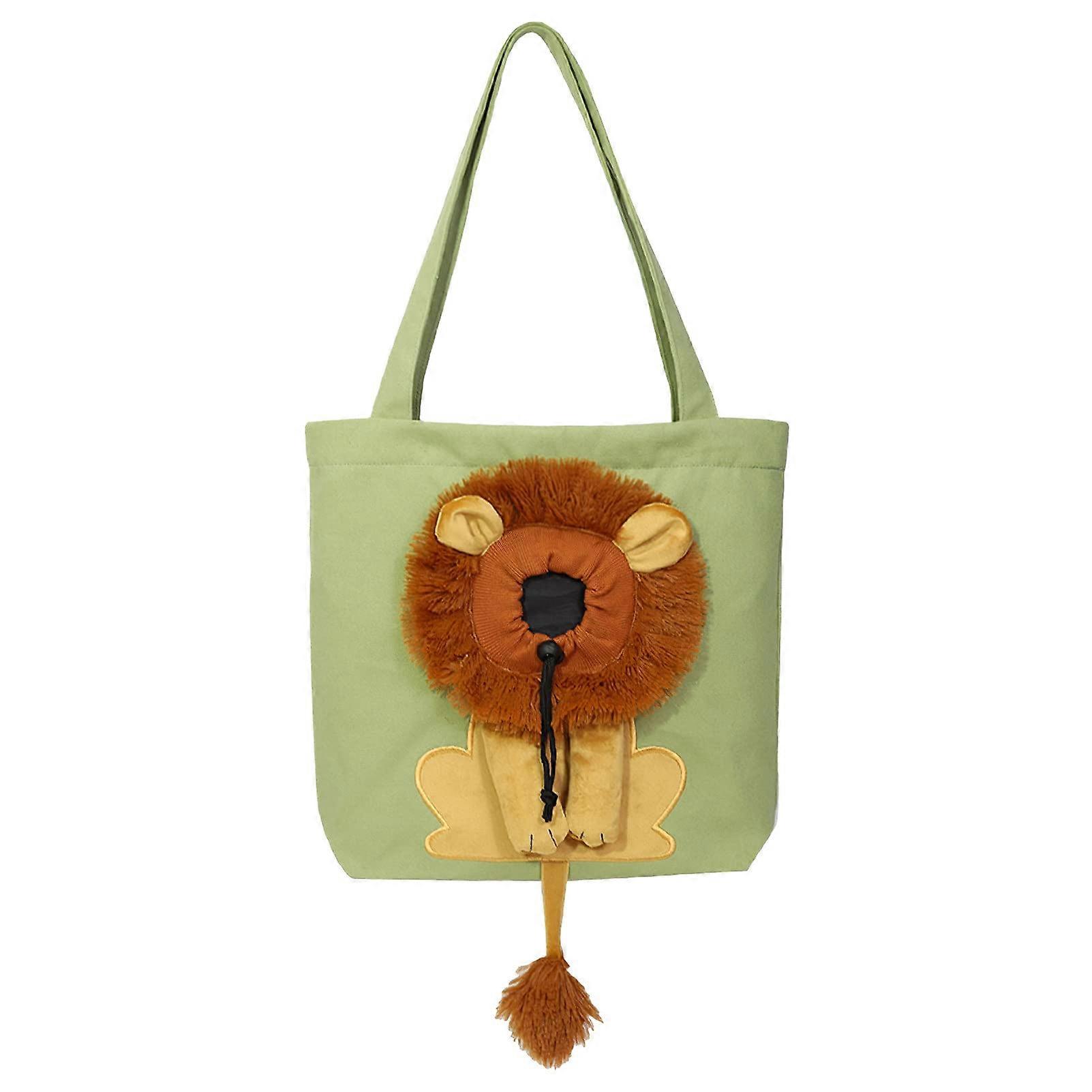 Dog Tote Bag with Zipper, Light Green Canvas Cat Shoulder Carrier for Walking and Travel, Lion-Shaped, Size S
