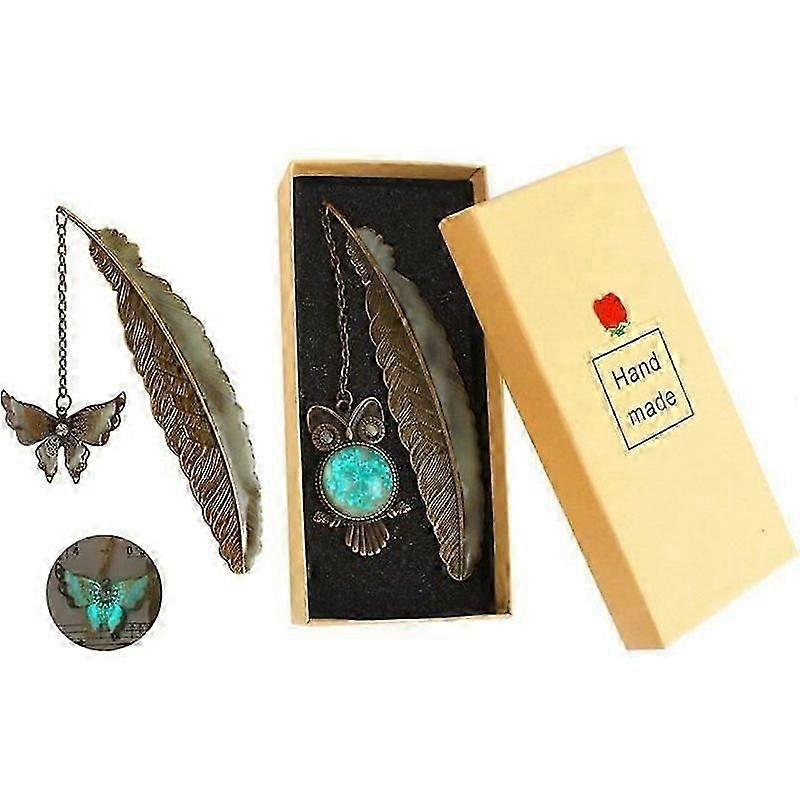 2PCSフェザーブックマークルミナスペンダントメタルブックマークフェザーメタルブックマークバタフライブックマークペンダント付き