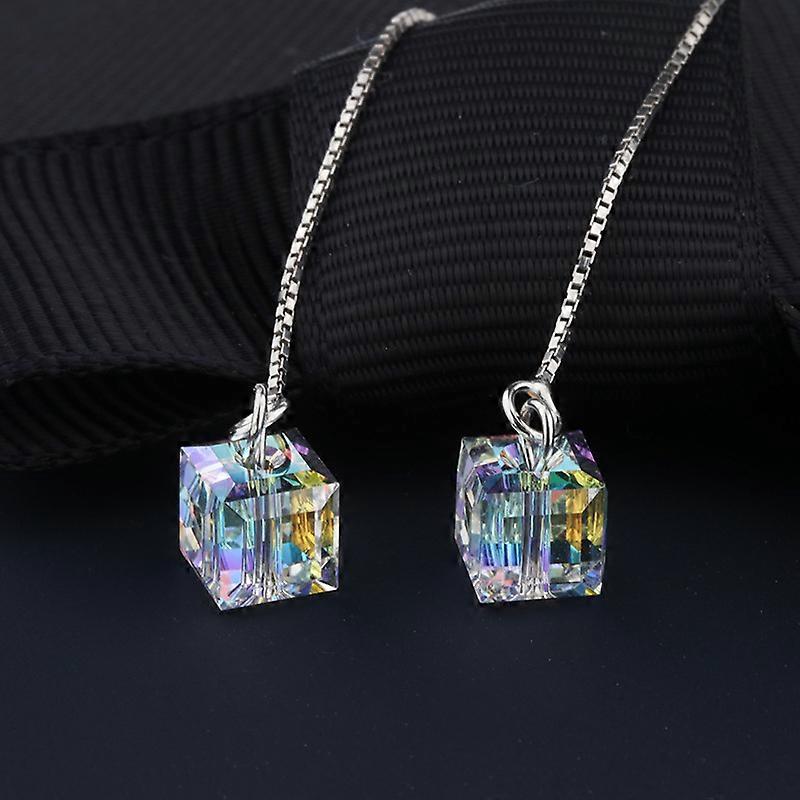 Silver Cubes Drop Needle Drop Threader Pull Through Earrings for Women