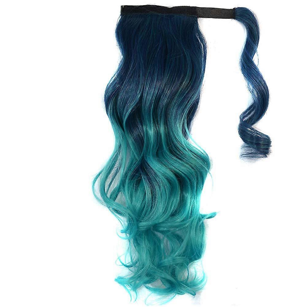 Colorful Ombre 2 Tone Cosplay Ponytail Hair Extension Clip In Wrap Around Dark Green Green Body Wave Style