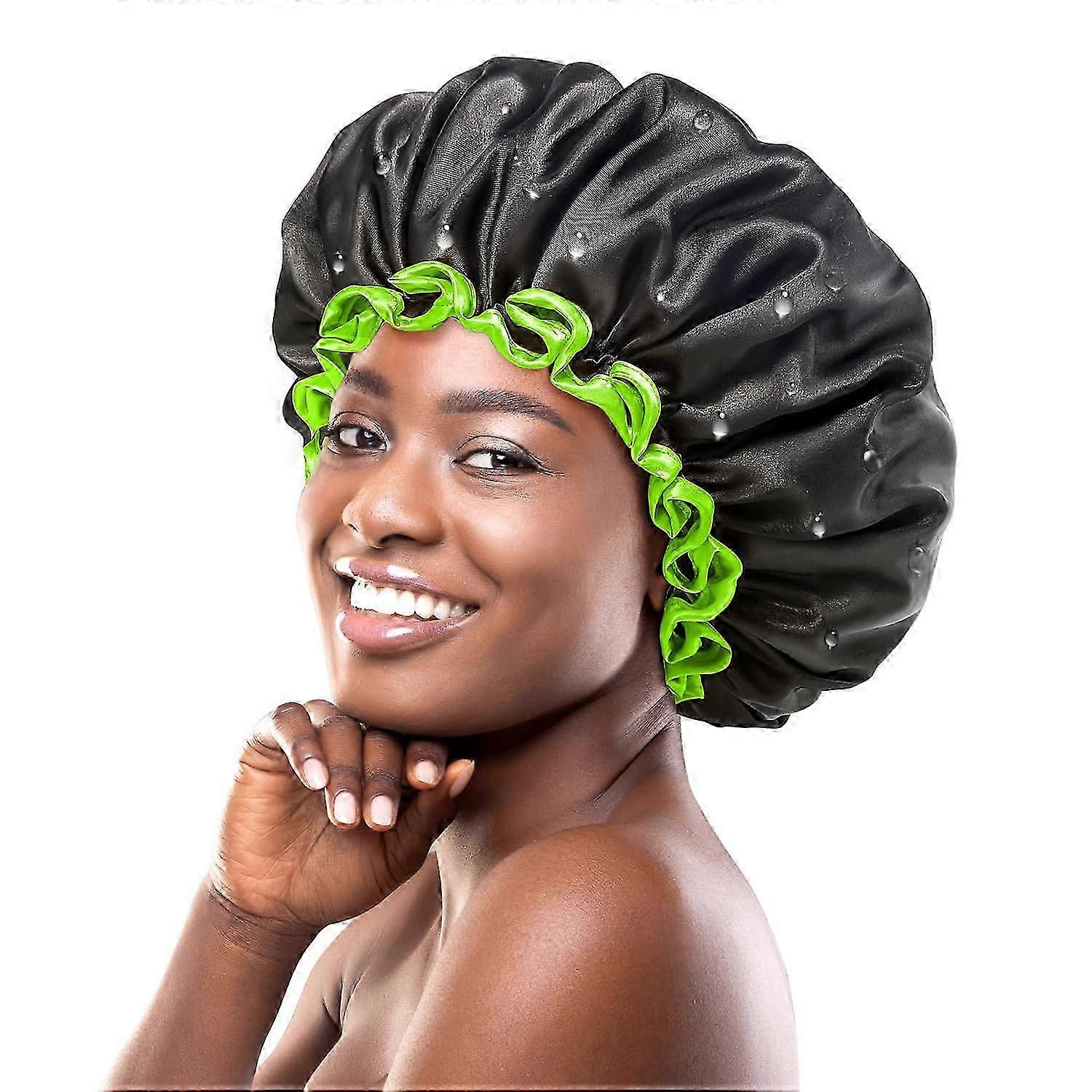 Large Reusable Waterproof Shower Cap with Green Edge, Black Double Layer Washable Odorless