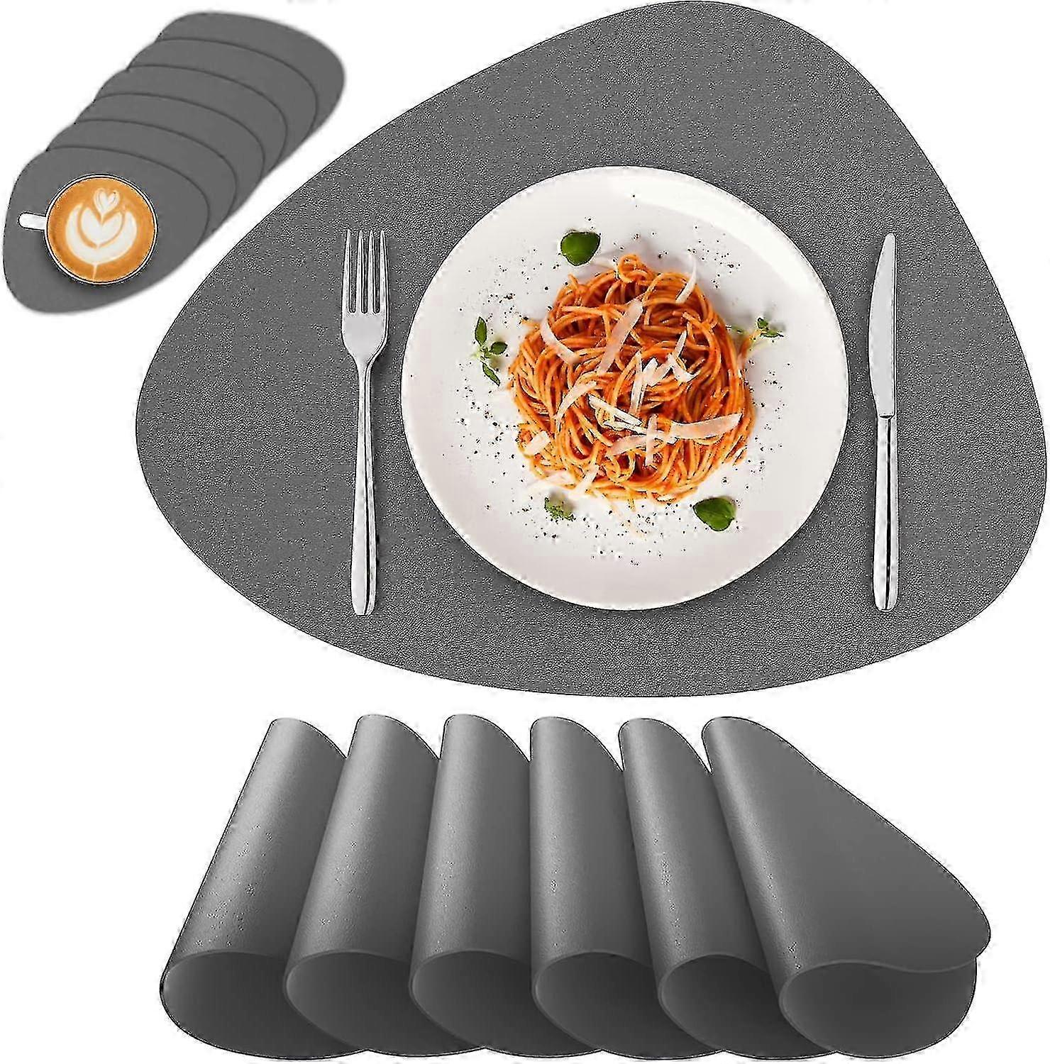 Waschbare Tischsets aus PU-Leder 6er-Set mit Untersetzern, rutschfeste, doppelseitige graue Tischsets