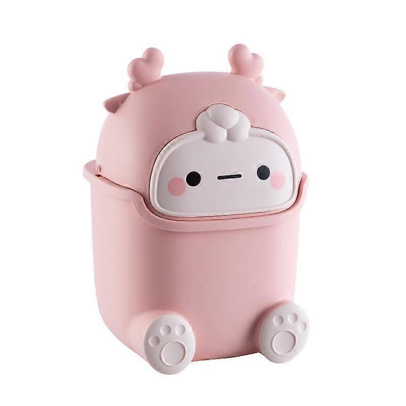 Desktop Trash Can, Mini Plastic Waste Bin with Lid for Living Room and Dining Table, Small Pink Moose Design