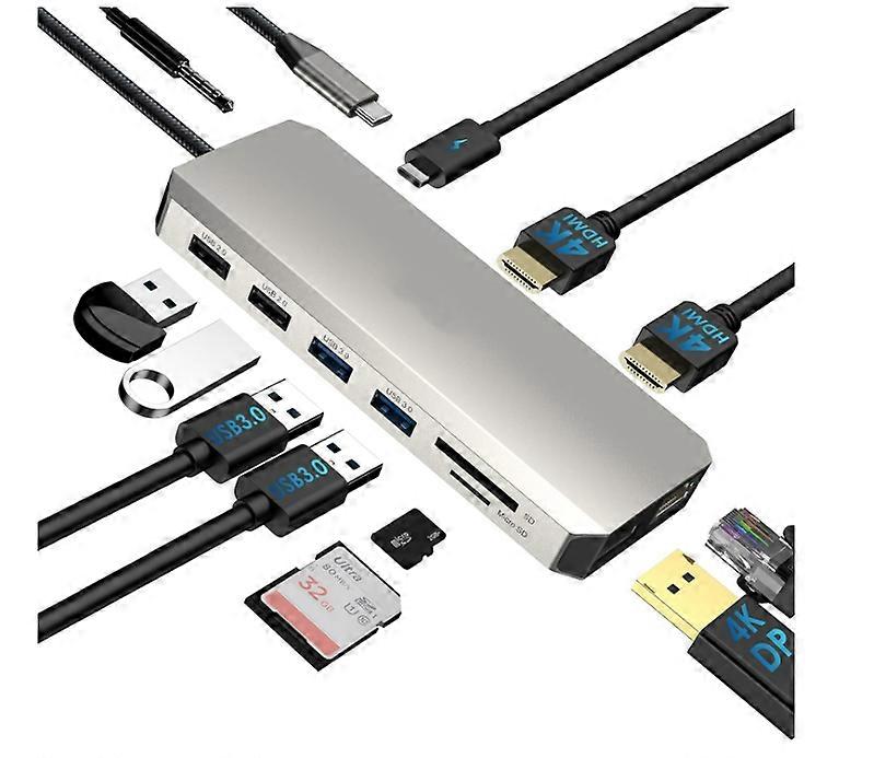 12-in-1 USB C Hub, Triple Monitor Laptop Docking Station, Multiport Adapter with Dual 4K HDMI, 4K DP, 100W PD IN, 5Gbps USB3.0, USB2.0, RJ45, SD/TF Sl