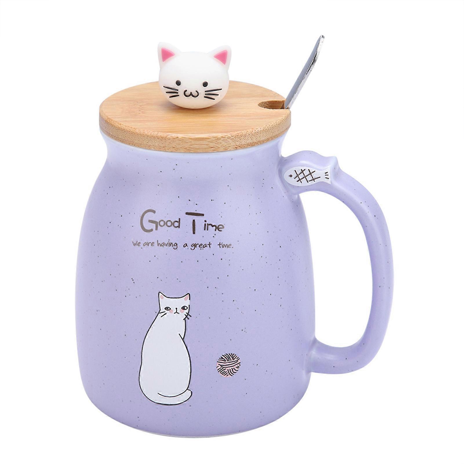 1 x Cat Shape Ceramic Mug with Spoon and Lid, Great for Coffee, Water and Milk (Purple)