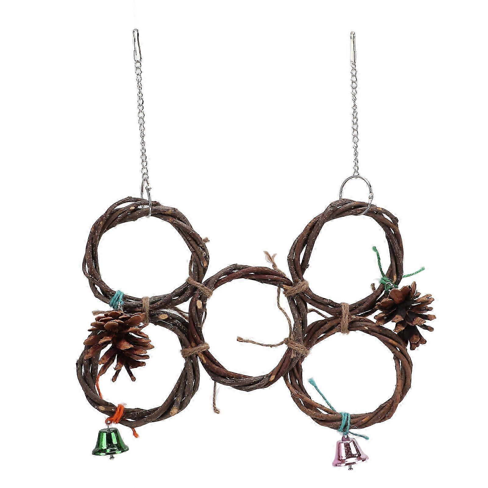 Wooden Circle Swing Toy for Parrots with Climbing Net and Bells, 5 Rings