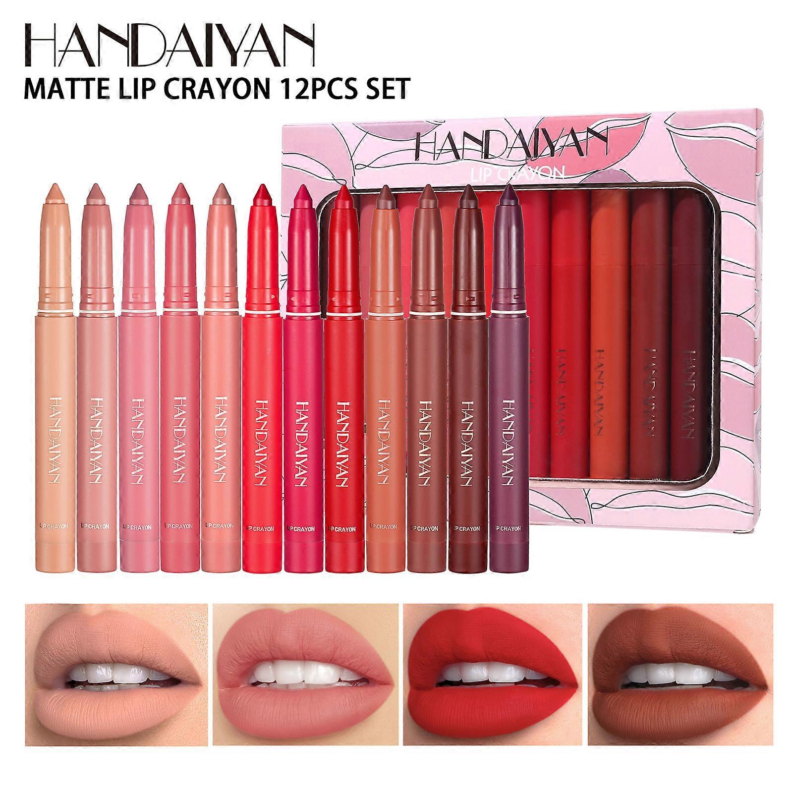 HANDAIYAN 12-color non-stick lipstick pen lip liner set dual-use matte lip color crayon rotating and sharpen 1g*12 pieces