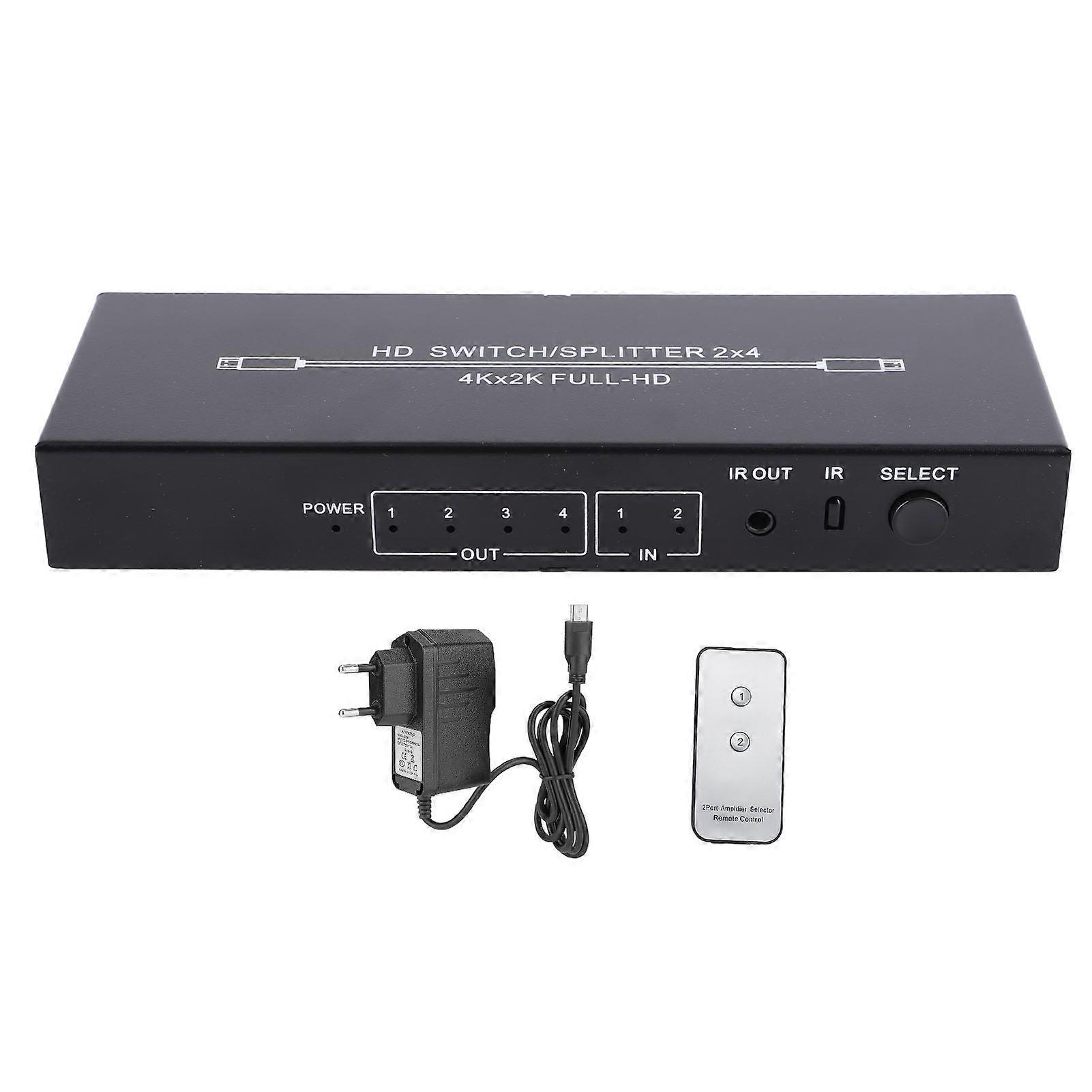 4K HD Multimedia Interface Splitter 2 In 4 Out with Remote for TVs, Monitors, Projectors