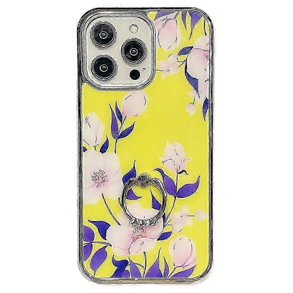 Compatible with iPhone 14 Pro Max Ring Kickstand Phone Case IMD Flower Pattern Electroplating PC+TPU Coversy-sy