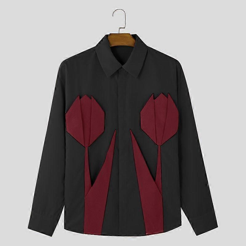 INCERUN Spring Men Turn-down Collar Long Sleeve Flower Shirts Patchwork Tops