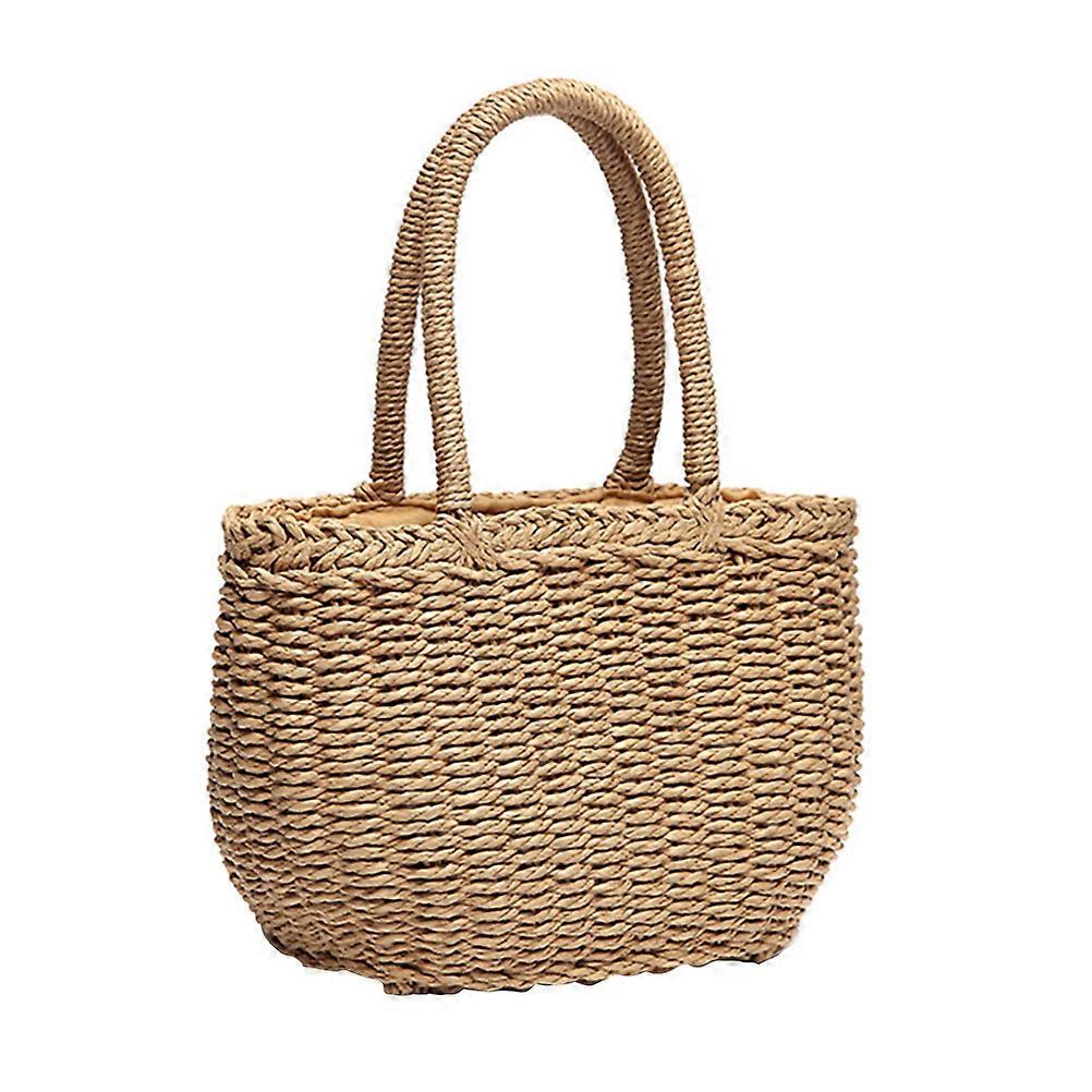 Stylish Khaki Wheat Straw Tote Bag for Women – Hand Woven Drawstring Shoulder Bag for Daily Use with Practical Storage for Phone, Wallet, and