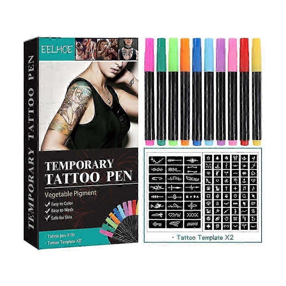2Set Temporary Tattoo Pen with Tattoo Stencils Tattoo Set Skin Friendly 10-Count Pack of Assorted Colors Easy To Clean for Women Men