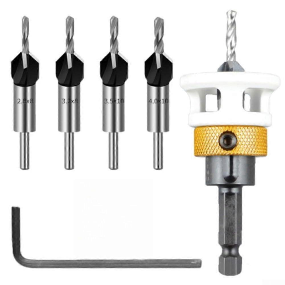 Carbide Countersink Drill Bit Set with Hex Shank and Adjustable Depth Stop for Precise Woodworking and Flush Hardware Installation