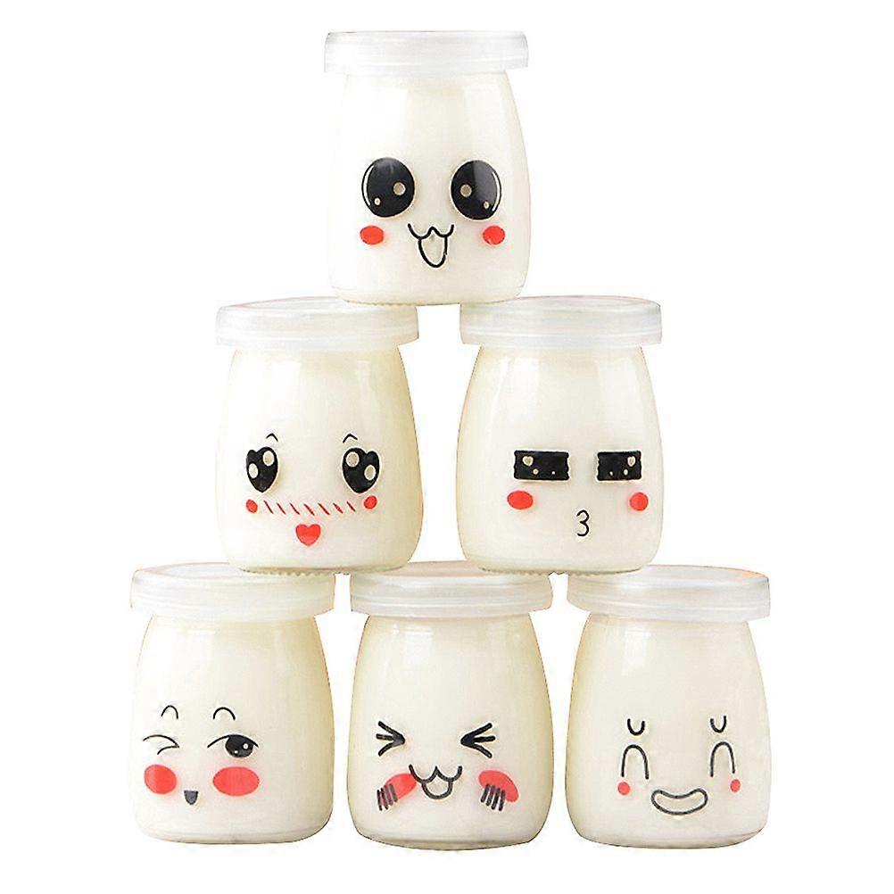 6pcs 150ml Facial Expression Pudding Bottles Face Heat-resistant Glass Jelly Yogurt Jar Containers (Random Pattern)