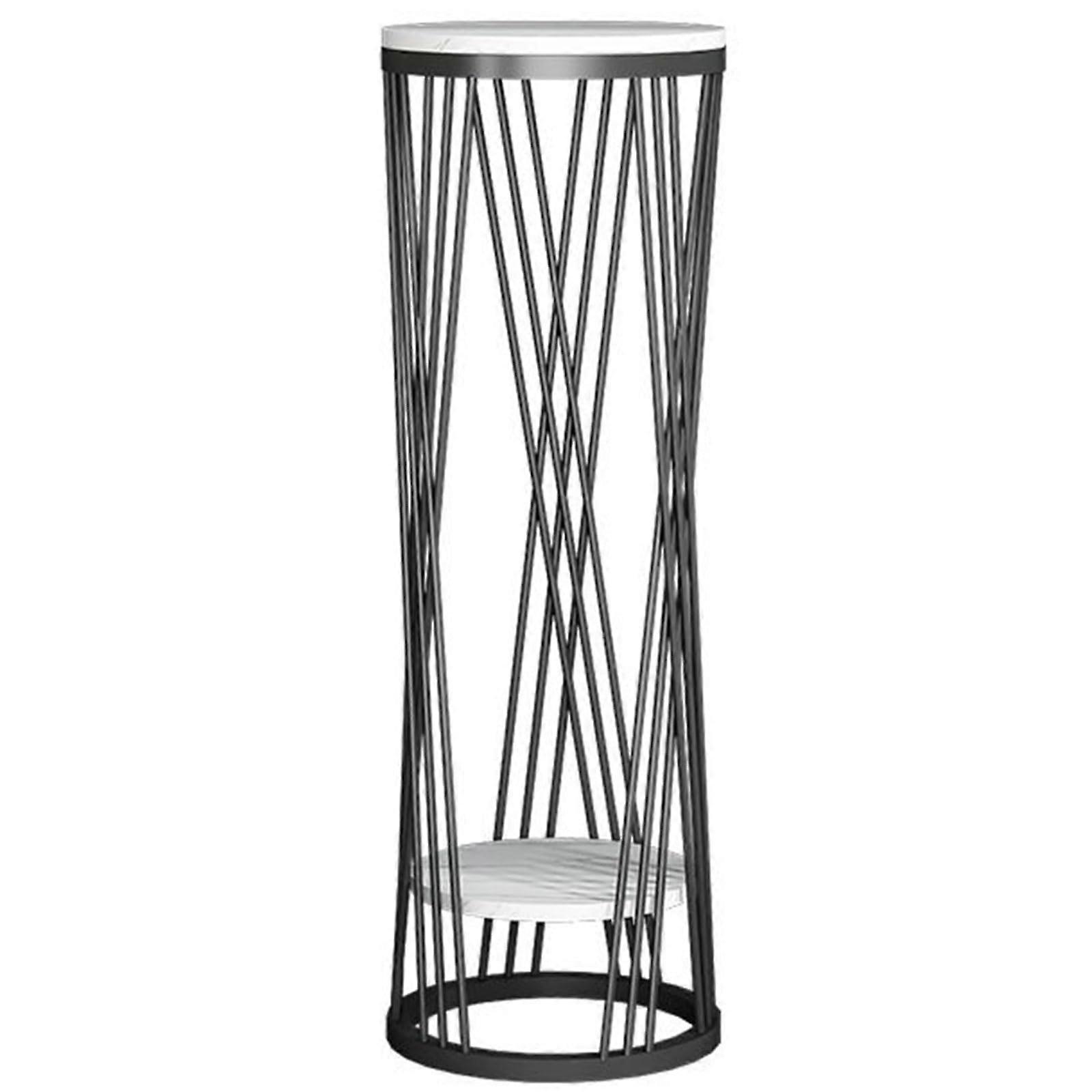 Marble Plant Stand, 2Tier Round, SpaceSaving Metal Frame, Corner Display Shelf, 90 cm Tall, Black