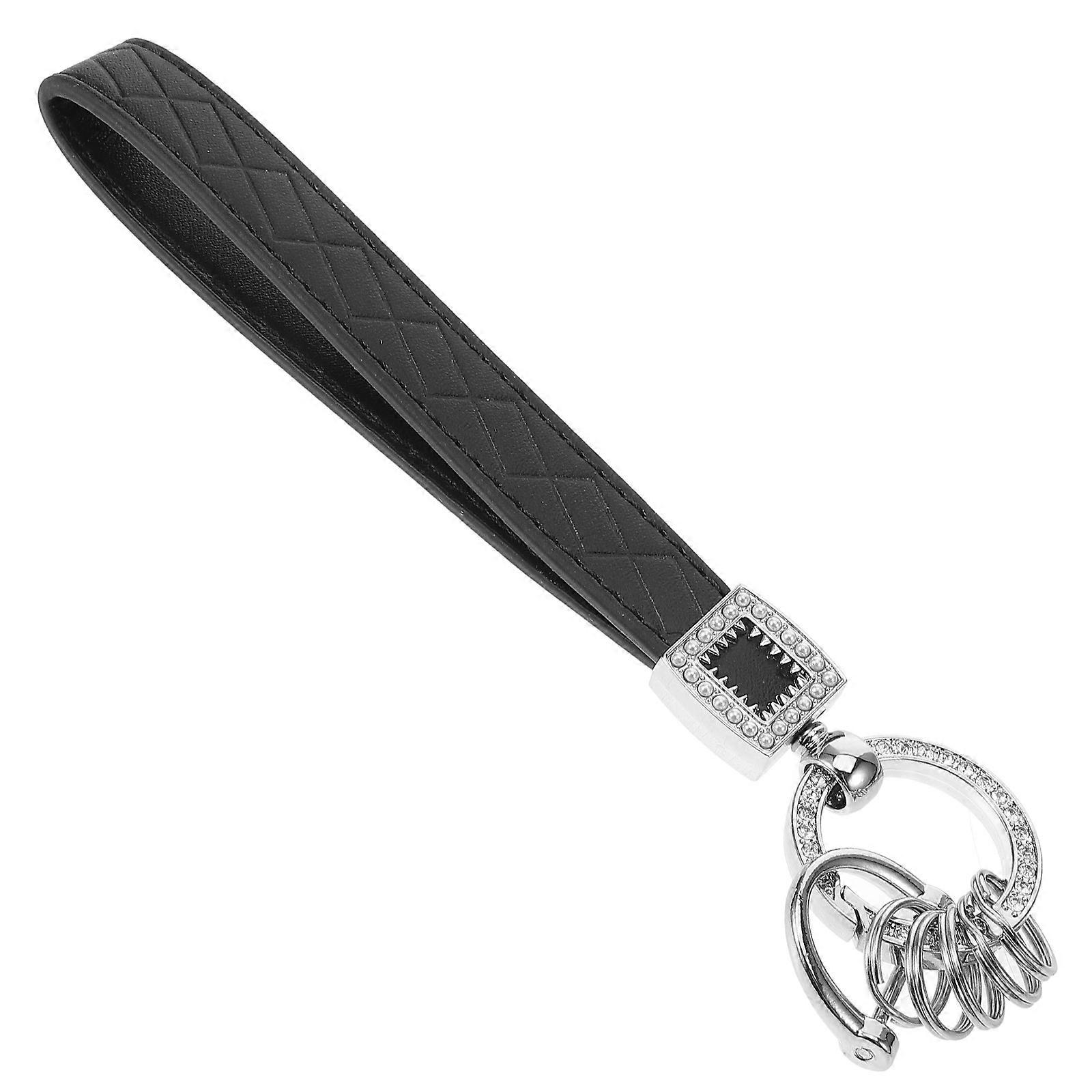 Stylish Rhinestone Grid Pattern Keychain with Durable Strap for Wristlet or Bag Charm Black Zinc