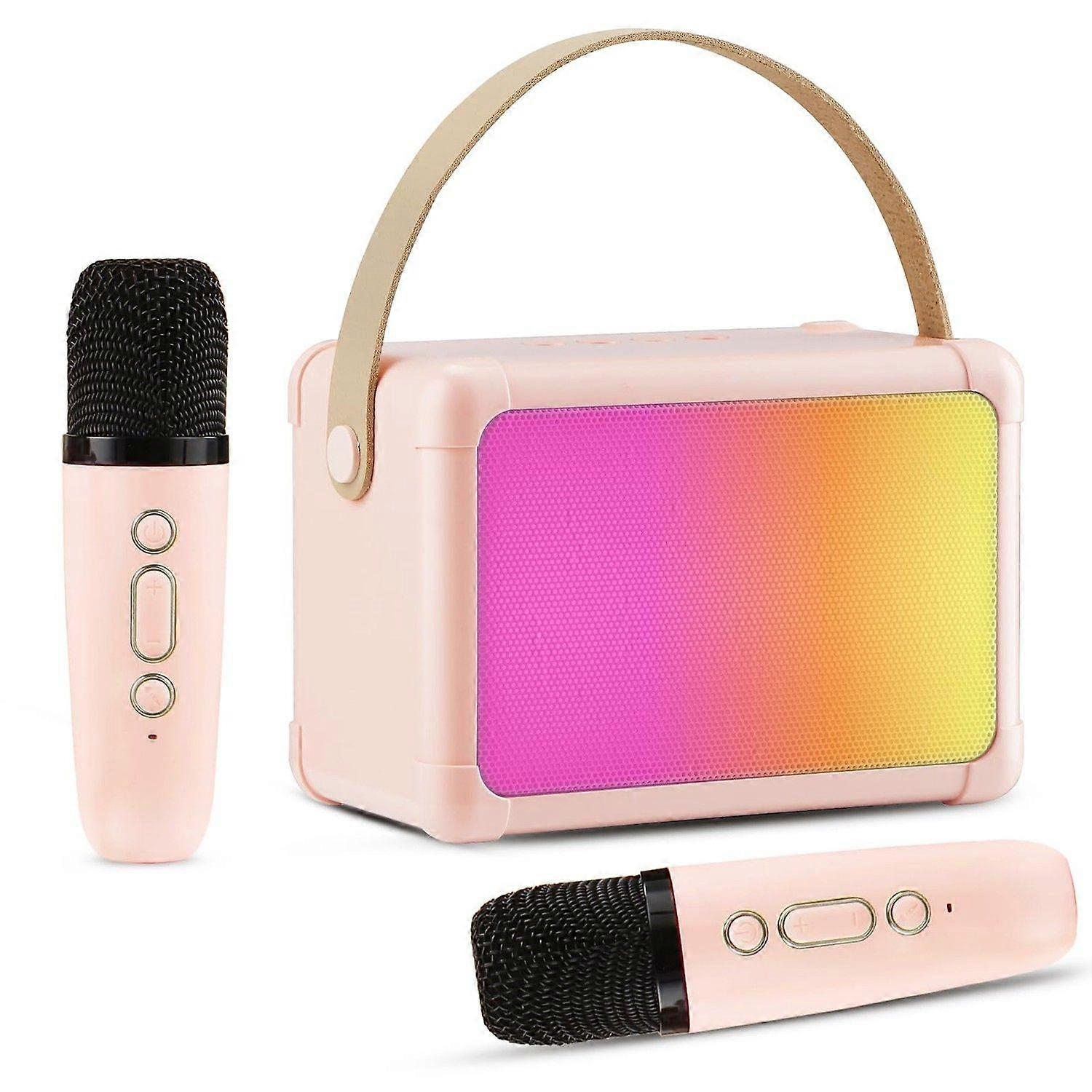 Kids Karaoke Machine, Mini Portable Bluetooth Karaoke Speaker with 2 Wireless Microphones and Colorful Lights for Kids Adults(Pink)