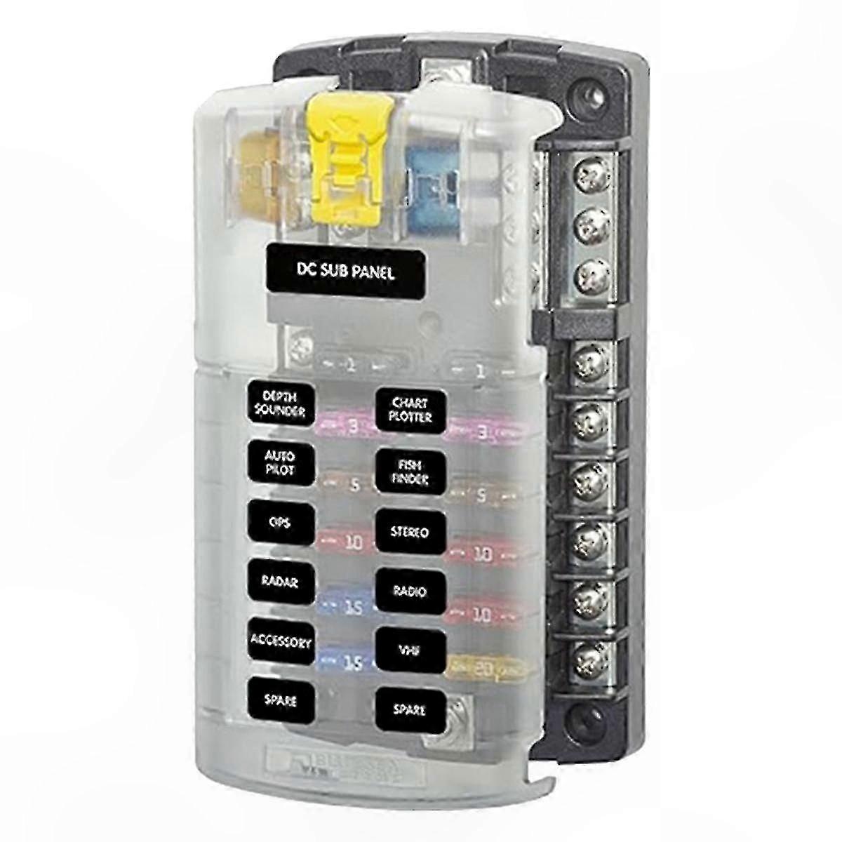 12-Circuit Fuse Block Holder with Ground and Cover, 32V 100A Blade Fuse Box for Automotive and Marine Applications