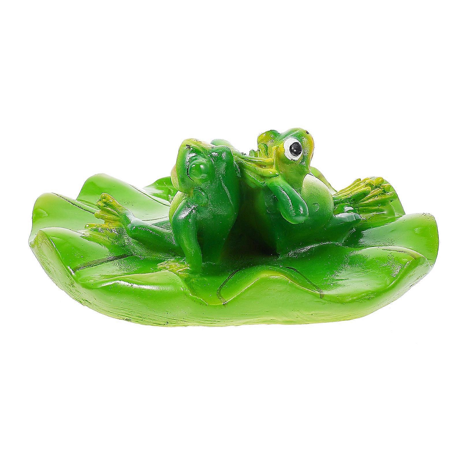 Decorative Frogs Lotus Leaf Statue 2 Pcs Resin Artware Green Design Suitable For Home Office
